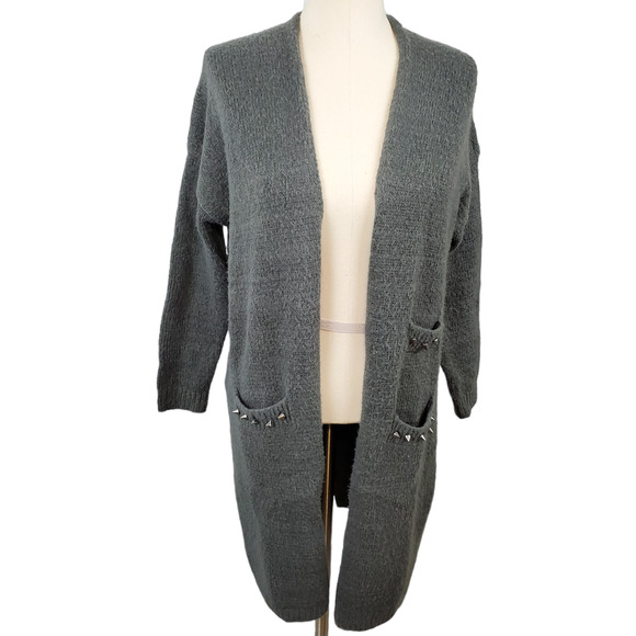 BCBGMAXAZARIA |OPEN FRONT LONG KNIT GRAY STUDDED CARDIGAN SWEATER WOMEN'… - Picture 1 of 15